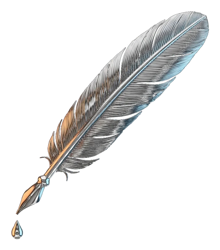 Chrome feather quill dripping a single drop of mercury, for Khai's newsletter Zero-One Shot