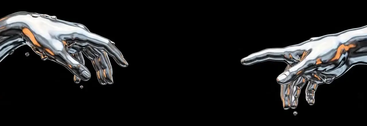 Two liquid-chrome hands reaching for each other across a black void, fingertips about to touch